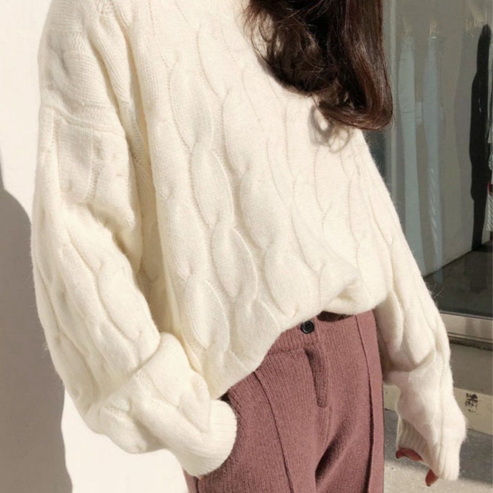 Cable-knit Pullover Sweater | Oversized Top Blouse School Office Fall/Winter - Picture 4 of 6